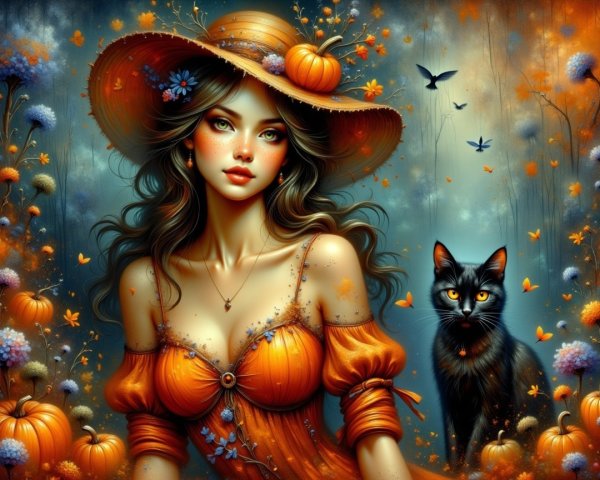 Woman in Orange Dress in Autumn Landscape with Cat