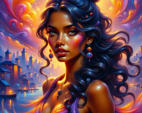 Young woman with dark hair and vibrant cityscape