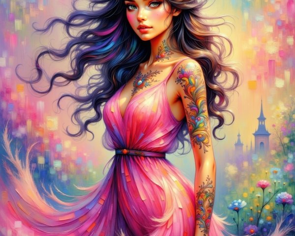 Young woman in colorful dress with intricate tattoos