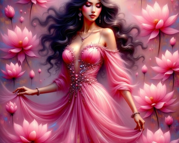 Elegant Figure in Pink Gown Among Lotus Flowers