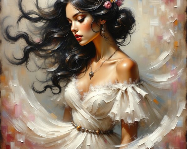 Elegant Woman in Off-Shoulder White Dress and Floral Accents