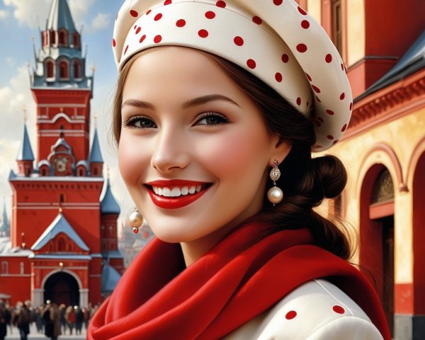 Young Woman in Polka Dots Against Historic Brick Background