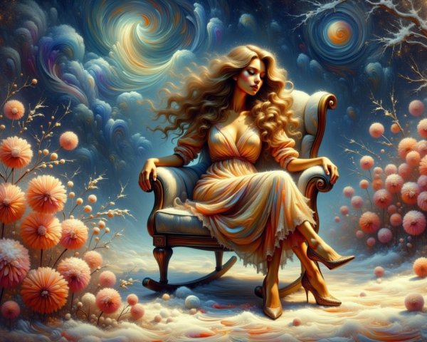 Woman in Yellow Dress Seated in Surreal Landscape