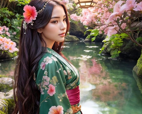 Young Woman in Green Kimono by Cherry Blossom Waterway