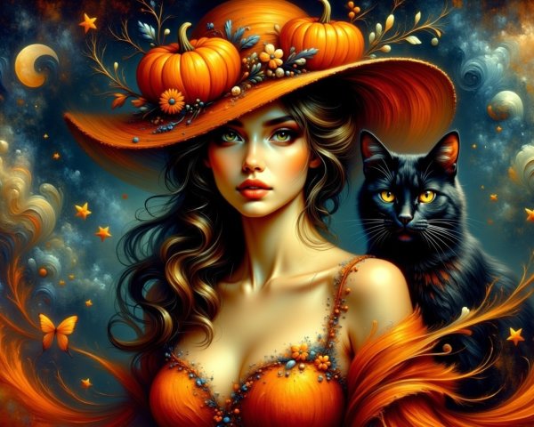 Mystical Woman in Orange Hat with Cat and Stars