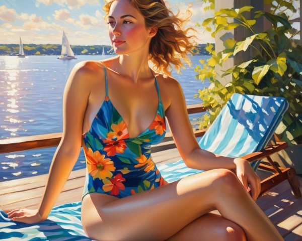 Young woman in floral swimsuit by serene lake