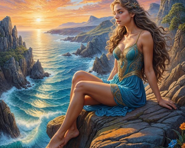 Young Woman on Cliff Overlooking Vibrant Seascape