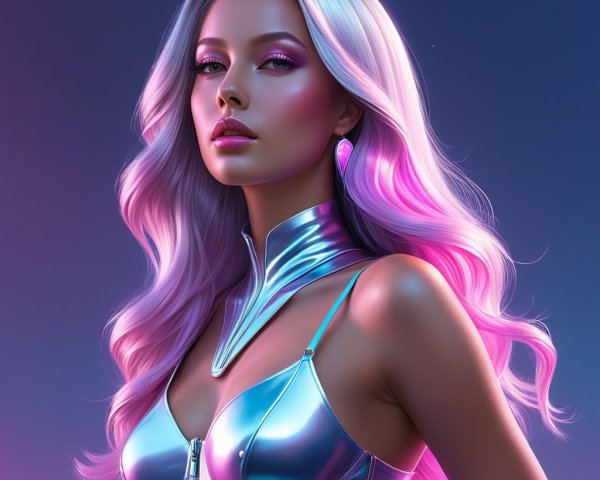 Futuristic Woman with Silver-Pink Hair and Glossy Outfit