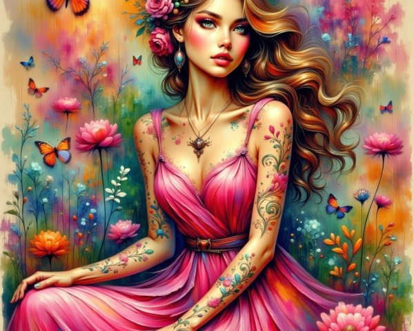 Portrait of a Woman in Pink Dress with Floral Accents