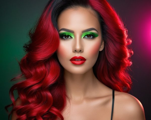 Model with Long Curls and Bold Makeup in Vibrant Colors