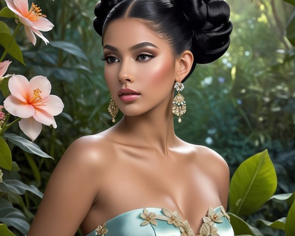 Young Woman in Aqua Gown Surrounded by Greenery