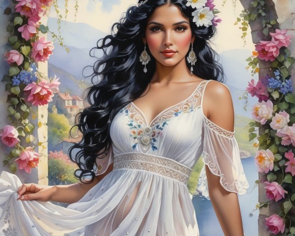 Graceful woman in white dress amidst lush landscape