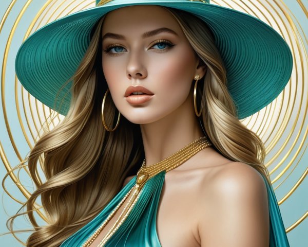 Elegant woman in turquoise hat and dress with gold accents