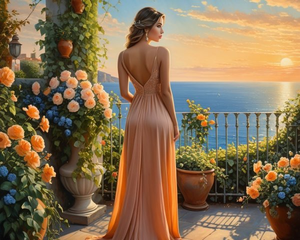 Woman in elegant gown on terrace at sunset by ocean