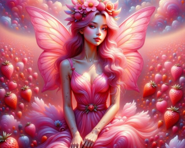 Digital Art of a Pink-Haired Fairy in a Strawberry Field