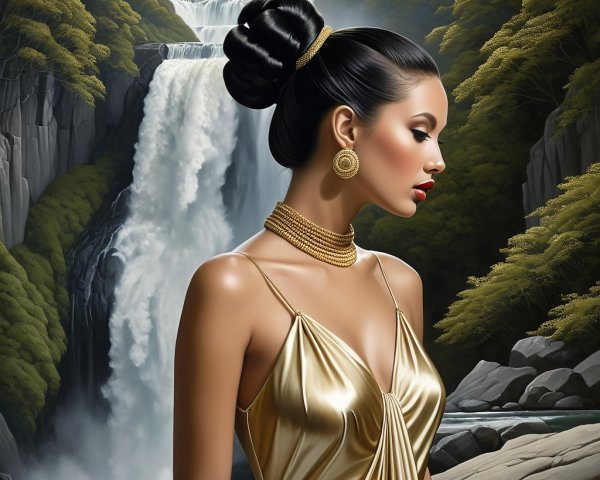 Elegant Woman by Majestic Waterfall in Gold Attire