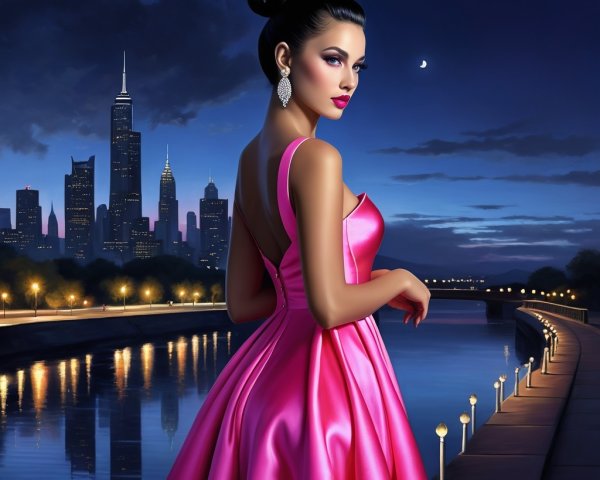 Elegant woman in pink gown by serene river at dusk