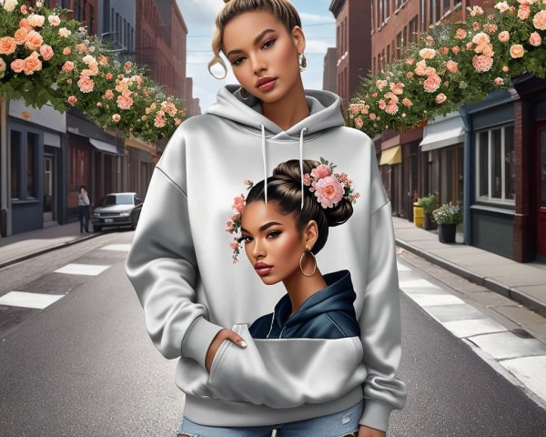 Young Woman in Oversized Hoodie in Charming Street Scene