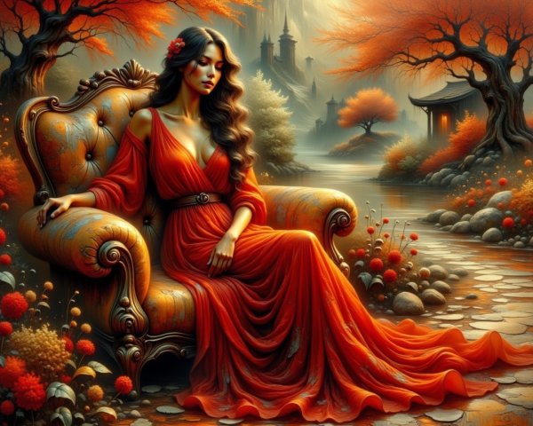 Elegant Woman in Red Gown Amid Autumn Foliage