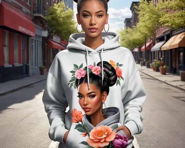 Young woman in stylish hoodie on vibrant street scene