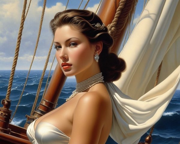 Woman in Off-White Dress on Wooden Sailboat at Sea