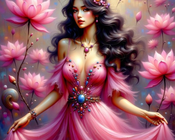 Young woman in gown among blooming pink lotus flowers