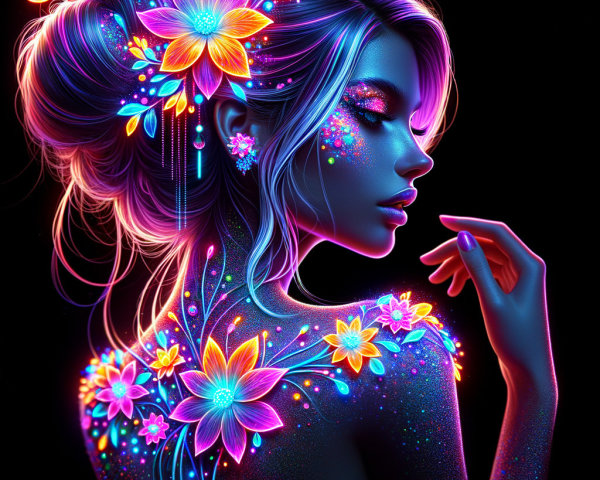 Side Profile of Woman with Vibrant Floral Patterns