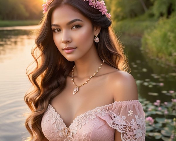 Young Woman in Pink Dress by Tranquil Sunset River