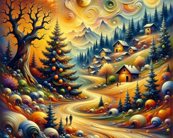 Psychedelic Landscape Illustration of Mountain Village