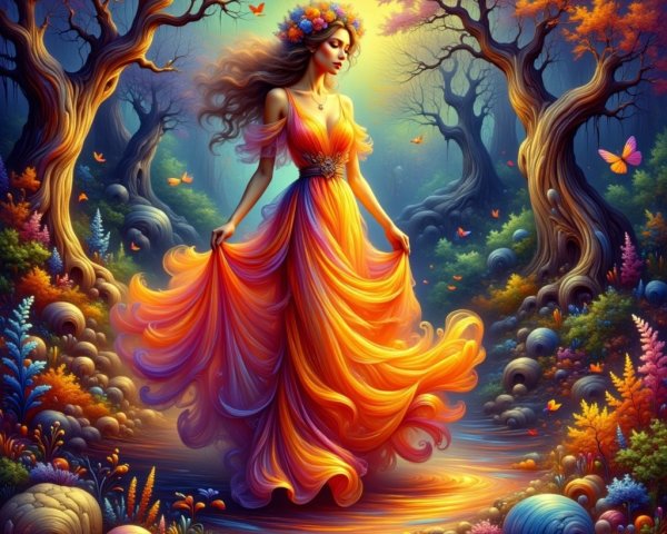 Ethereal Woman in Vibrant Mystical Forest Scene