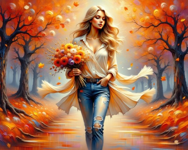 Young woman with flowers in vibrant autumn scenery