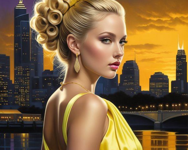 Glamorous Woman in Yellow Gown Against Sunset Skyline