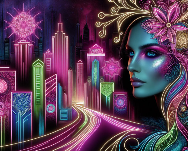 Neon Cityscape with Floral Patterns on Woman's Face