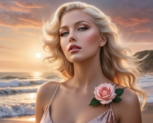 Woman in Sparkling Dress at Serene Beach Sunset