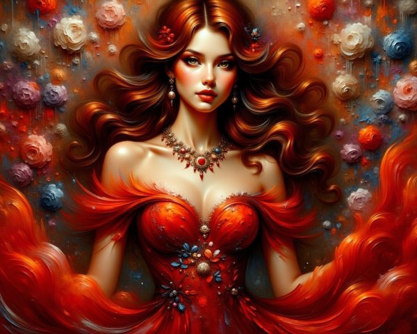 Stunning Woman in Red Gown Among Colorful Roses