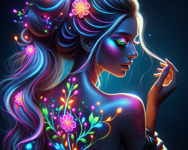 Portrait of a woman with colorful hair and floral accents