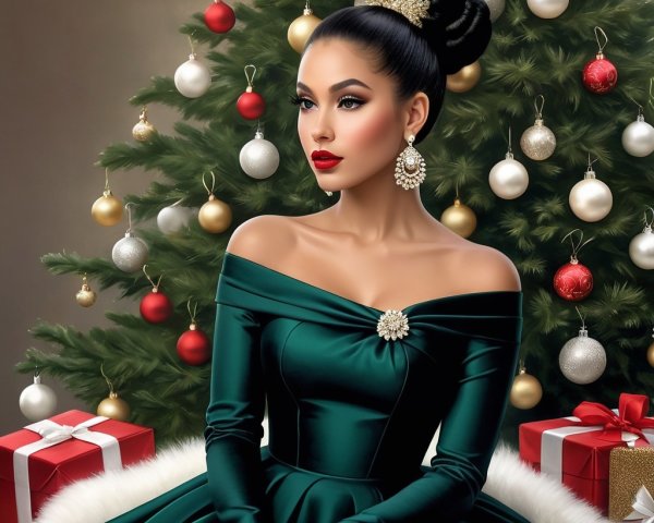 Elegant Woman in Emerald Gown by Christmas Tree