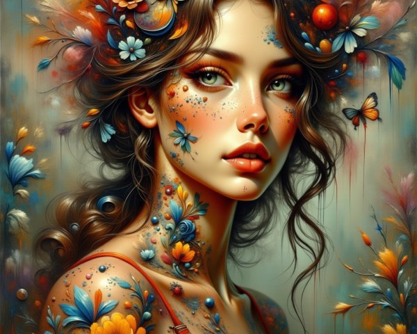 Portrait of a woman with floral patterns and butterflies