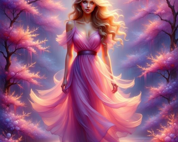 Enchanting Landscape with Woman in Pink Dress