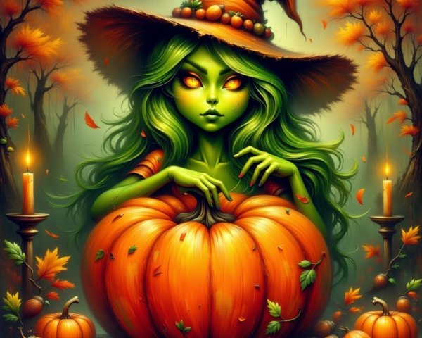 Whimsical Witch in Pumpkin Surrounded by Autumn Leaves