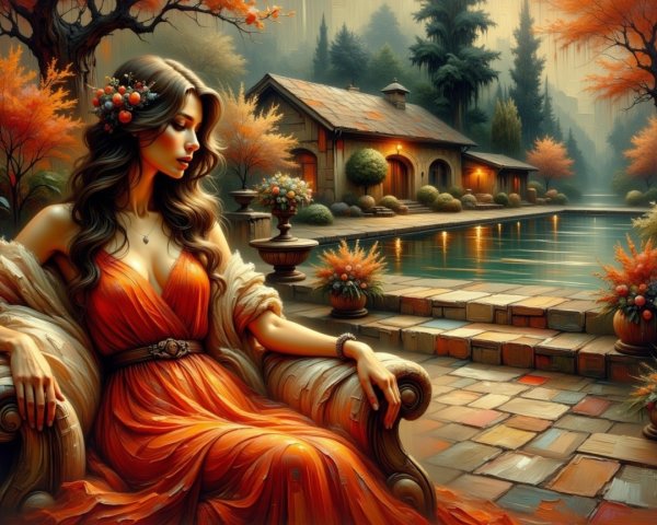 Woman in Orange Dress Surrounded by Autumn Beauty