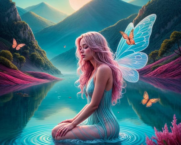 Young Woman with Wings in Tranquil Lake Landscape