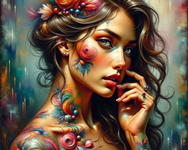 Portrait of a Woman with Floral Body Art and Hair