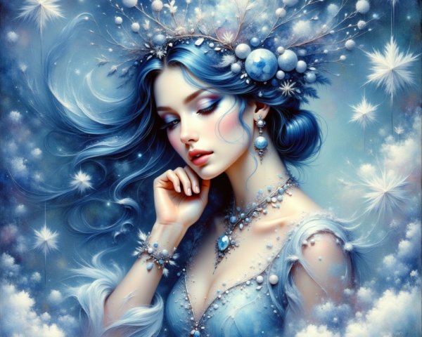 Fantasy Art of Woman with Blue Hair and Snowflakes