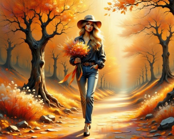 Woman in Blue Shirt with Bouquet on Sunlit Path