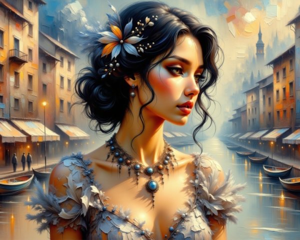 Young Woman in Elegant Dress by Serene Canal Scene