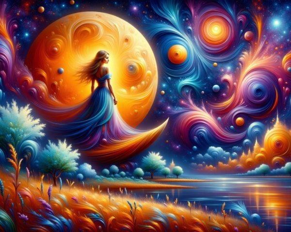 Surreal Landscape with Woman on Crescent Moon