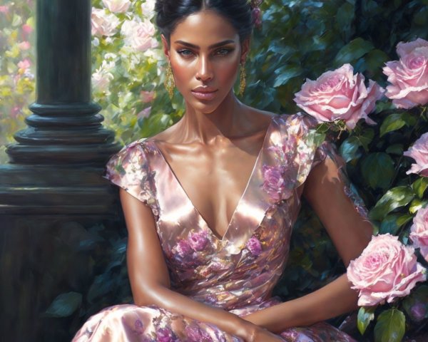 Woman in Floral Gown Surrounded by Blooming Roses