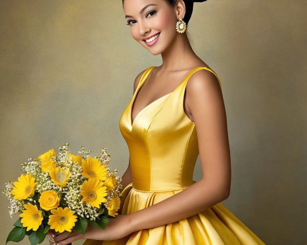 Radiant Woman in Yellow Gown with Vibrant Bouquet