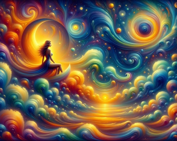 Cosmic Scene with Figure on Crescent Moon and Stars